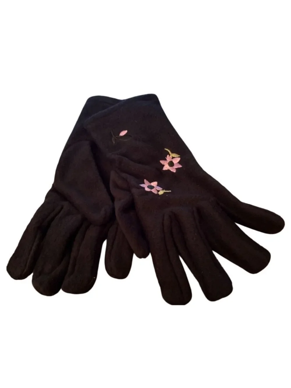 Womens Warm-Up Embroidered Fleece Gloves Black 1 Sz Fits All Floral Design Soft